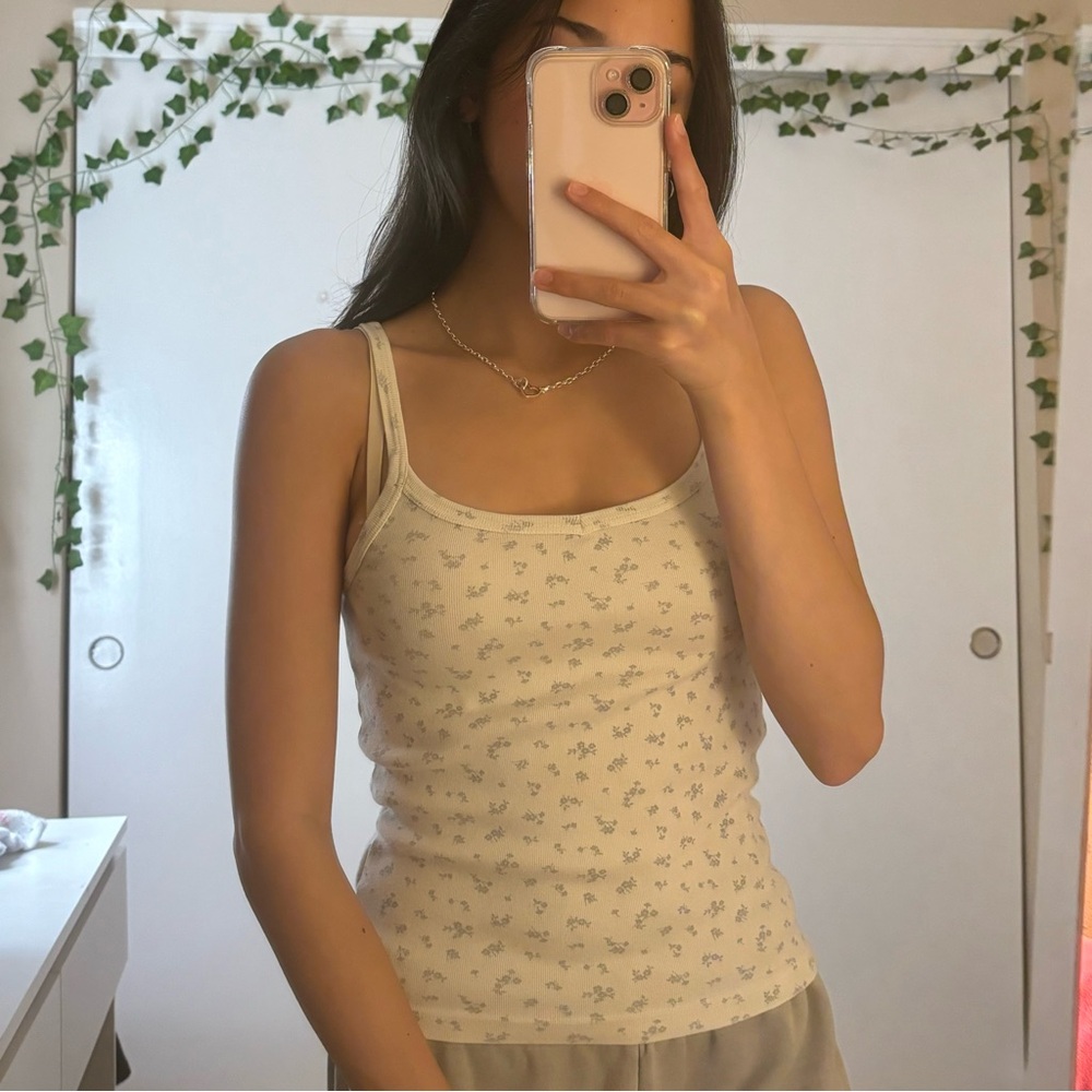 Brandy Melville white and green floral Skylar tank top